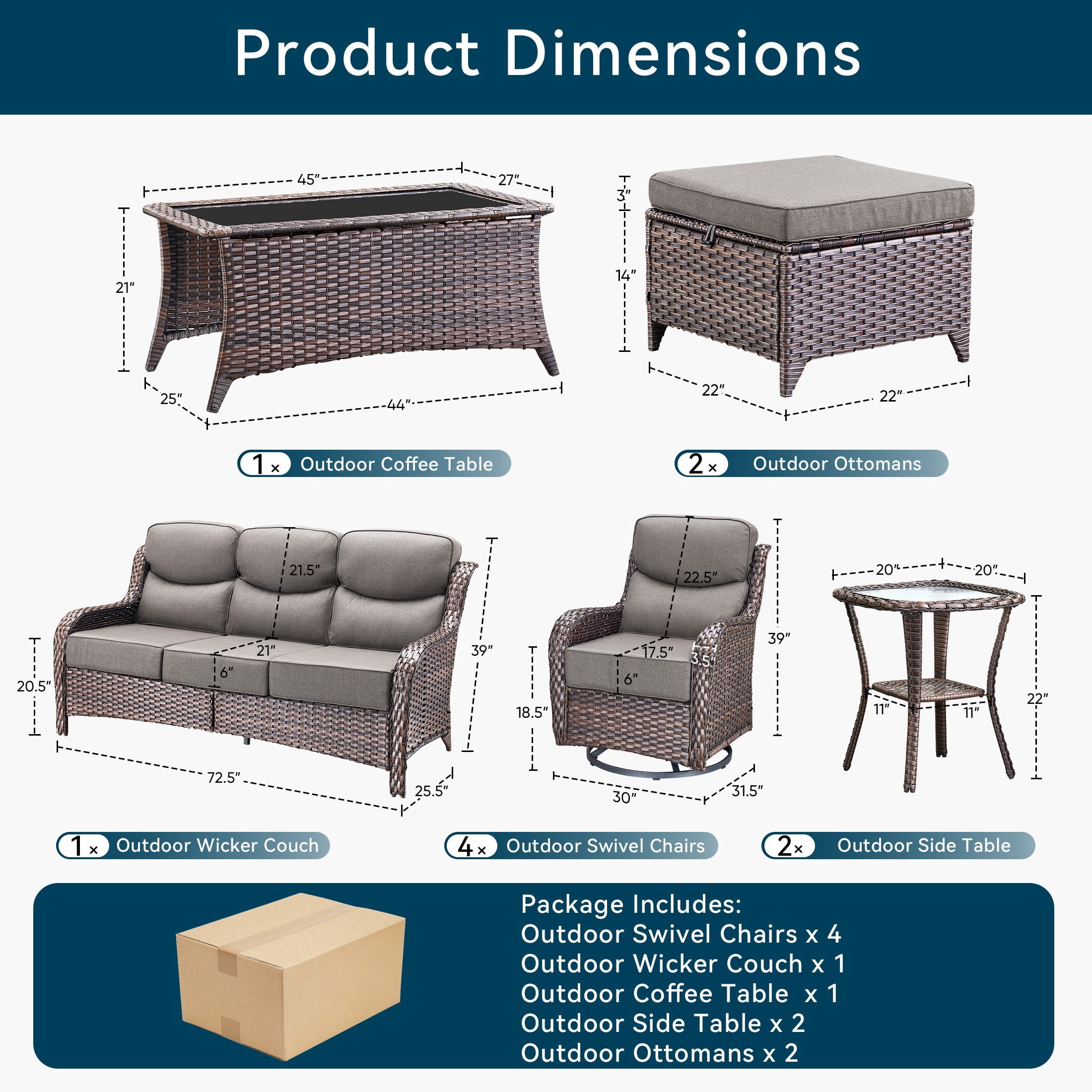 Unnifurnzi 10 Pieces Wicker Outdoor Furniture-Outdoor Swivel Chairs Set of 4 with 6 Inch Thick Cushions Outdoor Couch with Outdoor Ottoman Patio Furniture Set for Deck Porch Poolside-Brown/Gray