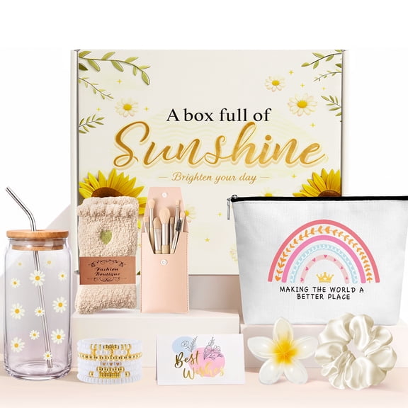 WKTRSM Birthday Gifts for Women Teen Girl Her, Cute Daisy Aesthetic Glass Cup Gift Baskets Set w/Rainbow Sunshine Self Care Box, Unique Present for Sister Daughter Friend Sweet 16th 18th 21st Bday