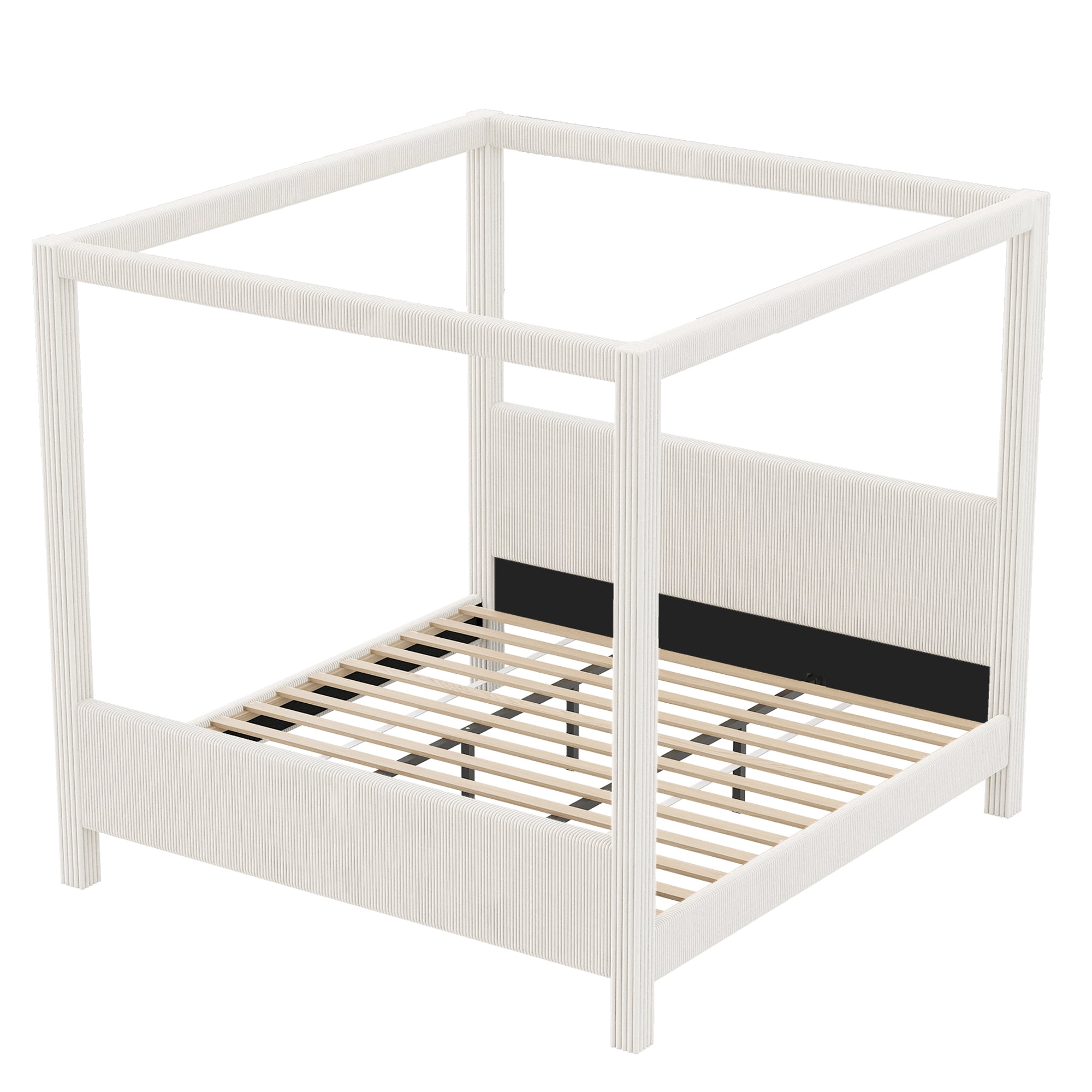 Euroco Upholstery King Size Canopy Platform Bed, No Box Spring Needed, Beige