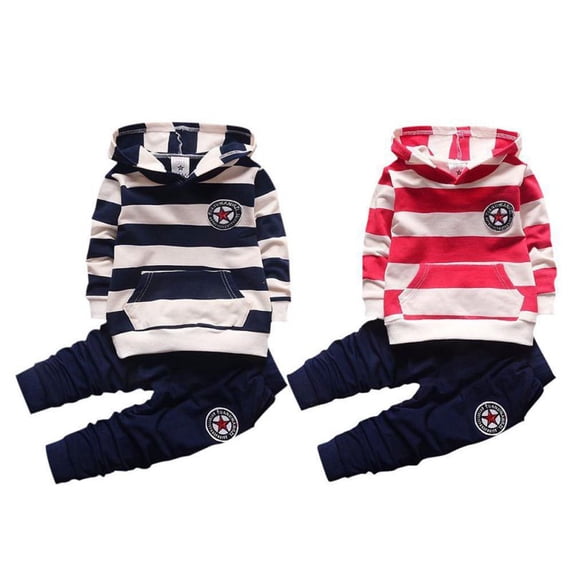 Forzero Children Printed Long-Sleeved Two-piece Suit Boys And Girls Cute Hooded Striped Sweater + Trousers Pants Suit