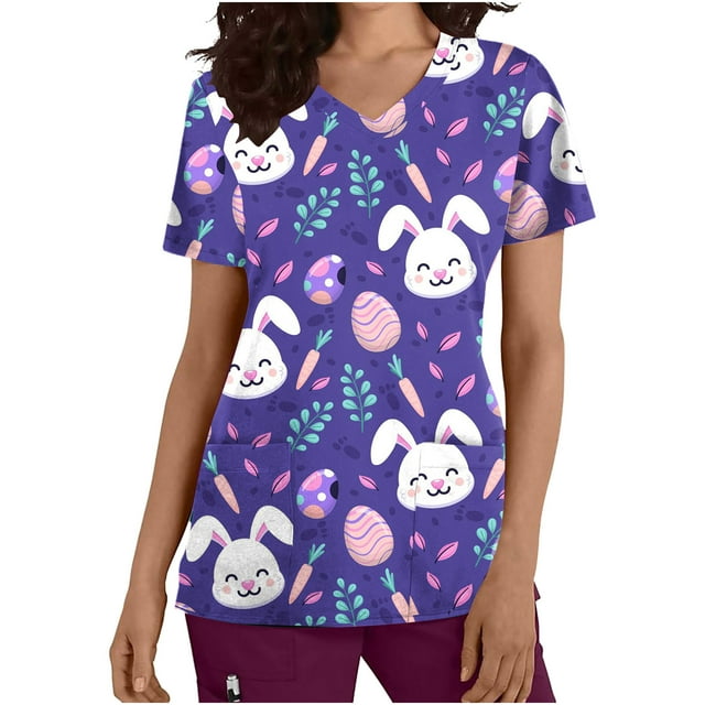 LSLJS Hauts à Manches Courtes Col en V pour Femmes Uniforme Easter Imprimé Poches Blouse Infirmière, Easter Blouses Médicales Femmes Grande Taille