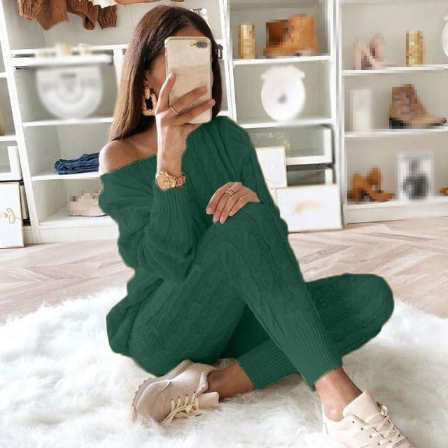 PVCS Womens Solid Color Off Shoulder Long Sleeve Cable Knitted Warm Two-Piece Long Pants Sweater Suit Set