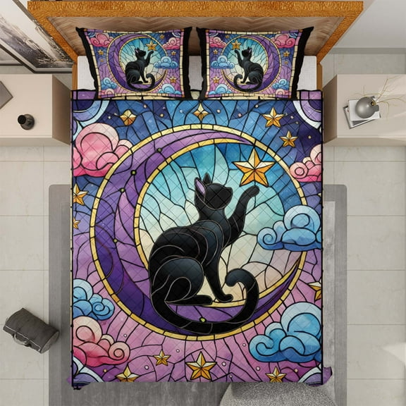 Lotusprinthandmade Black Cat On Purple Moon Halloween Quilt Bedding Set (Fold Hem) 5 Sizes (Made in Vietnam) (55x60), Gift Idea for Enthusiasts