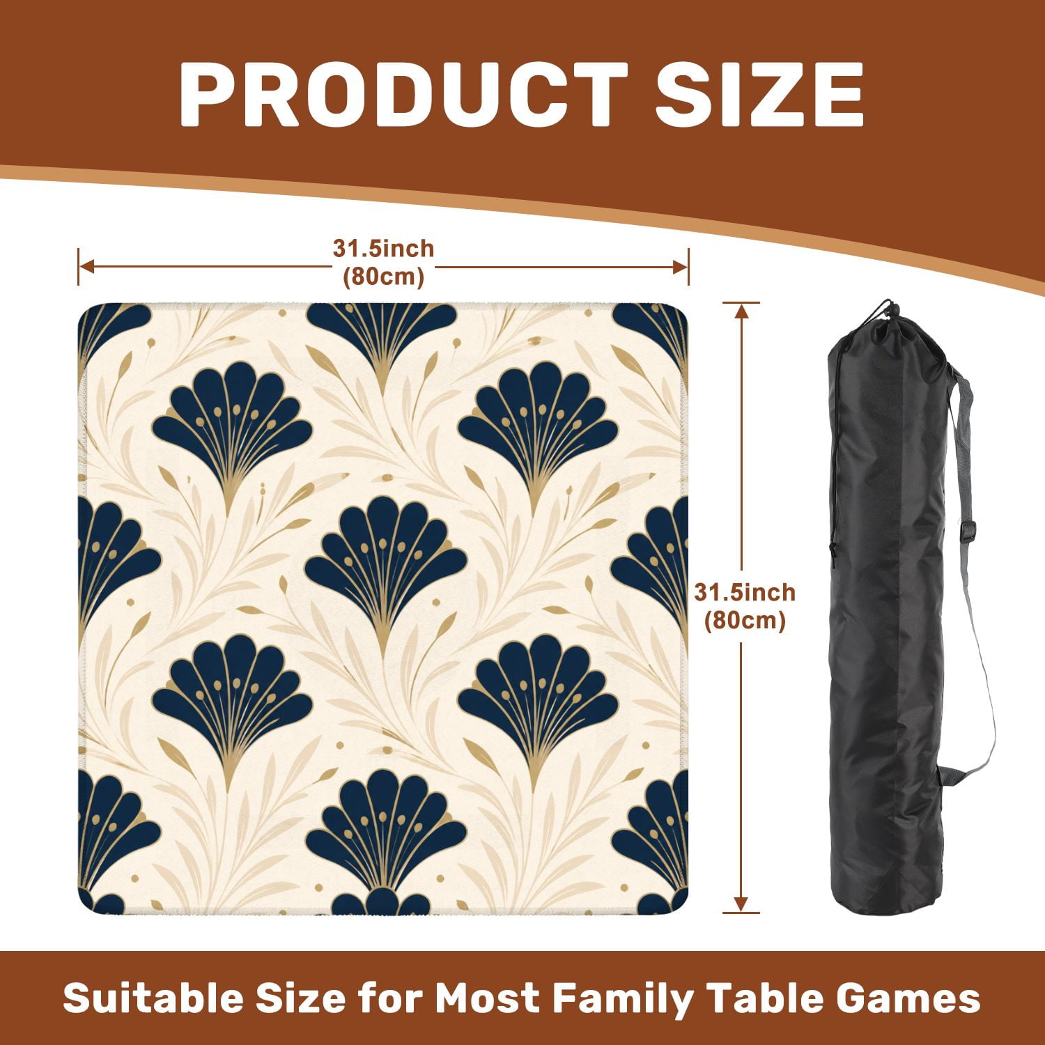 Mahjong Mat 31.5" x 31.5" Art Fan Floral Seamless Navy Blue Beige Non-Slip Noise Reduction American Mahjong Tiles Table Cover for Dominoes Poker Card Board Games Gift
