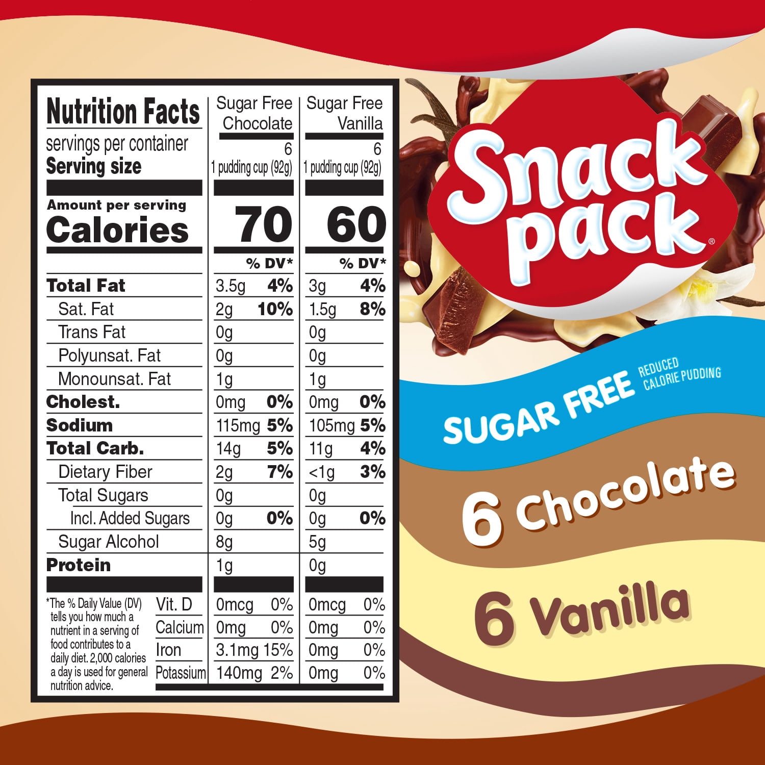 Snack Pack Zero Sugar Chocolate Pudding and Vanilla Pudding, 3.25 oz Pudding Cups, 12 Count Family Pack