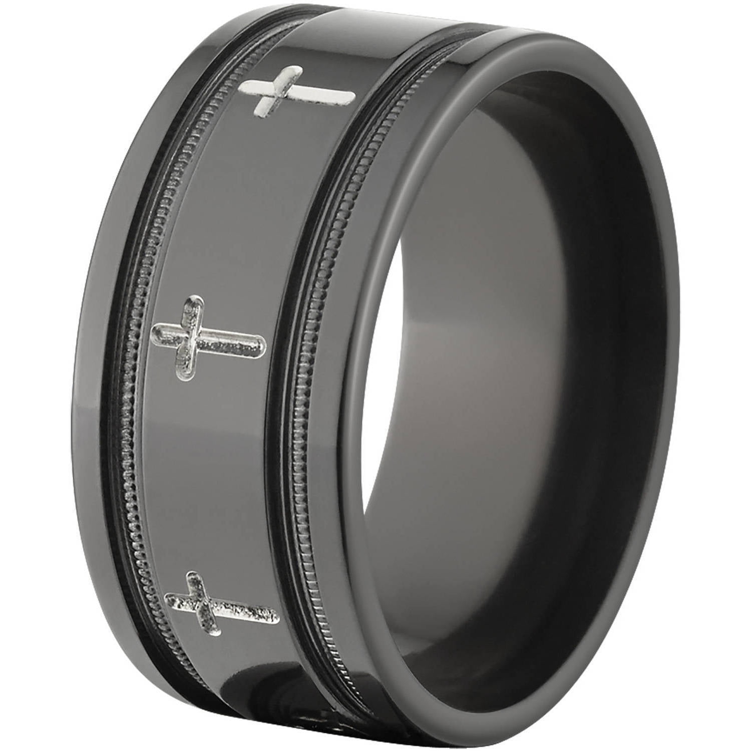 10mm Flat Black Zirconium Ring with Milled Crosses Inside Two Grooves