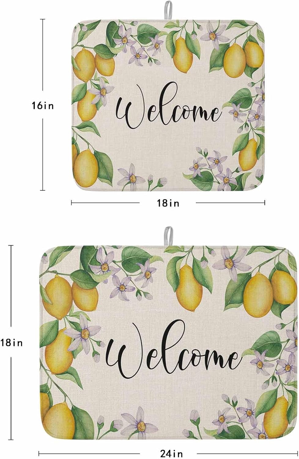 Summer Lemon Dish Drying Mat for Kitchen Counter, Yellow Green Botanical Rustic Welcome Baby Bottle Microfiber Drying Pad, Absorbent Coffee Cup Dishes Drainer Mats 18"x24", 2 Pcs