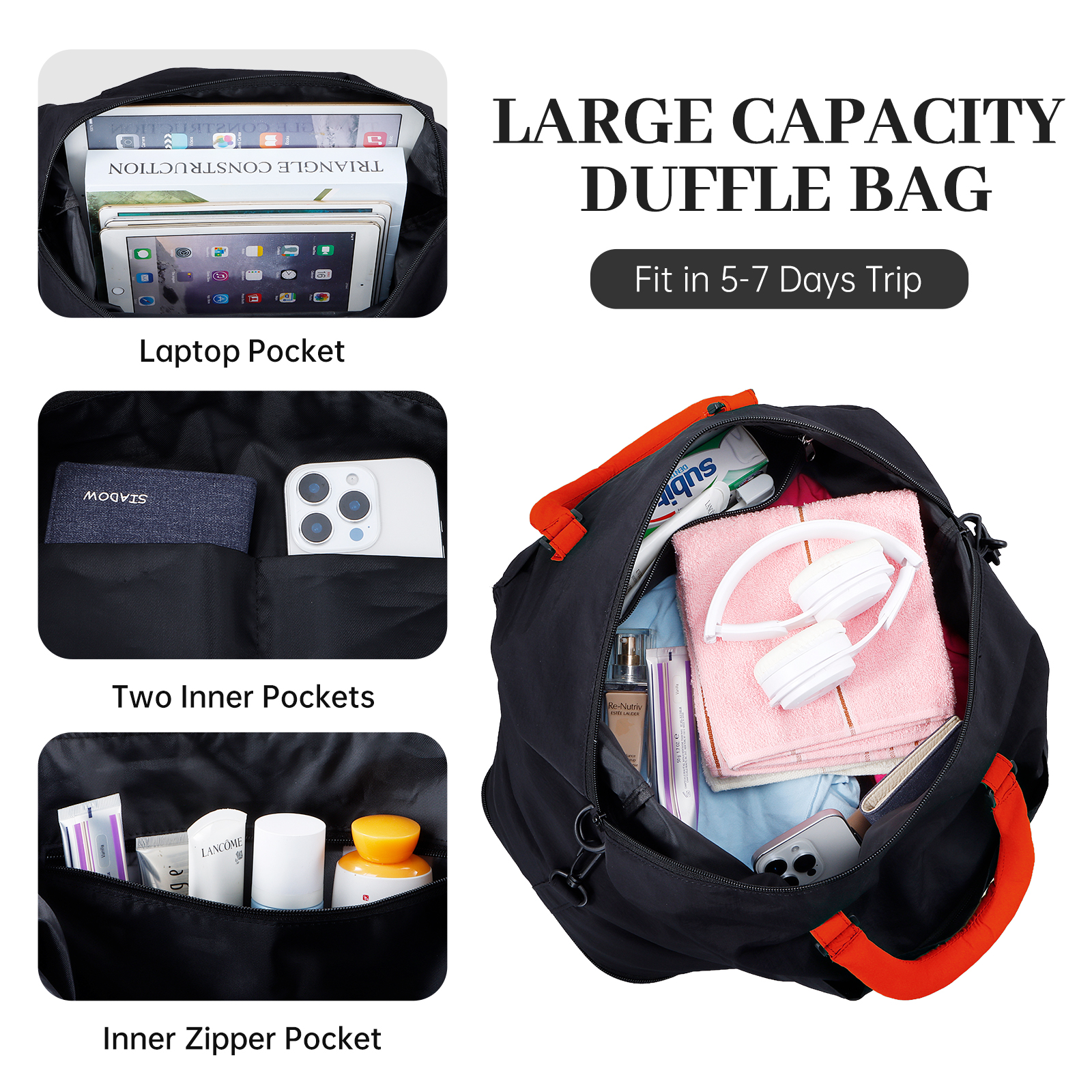 URSOFINE Travel Duffle Bag, Large Capacity Expandable Weekender Bag with Luggage Sleeve, Waterproof Nylon Overnight Bag for Women Men, Gym Bag Hospital Bag with Laptop Pocket
