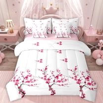 Homewish Cherry Blossom 7pcs Bedding Comforter Set,Country Peach Floral Queen Bedding Sets,Pink White Queen Sheet Sets For Girl Kids,Luxury Bedroom Decor Reversible