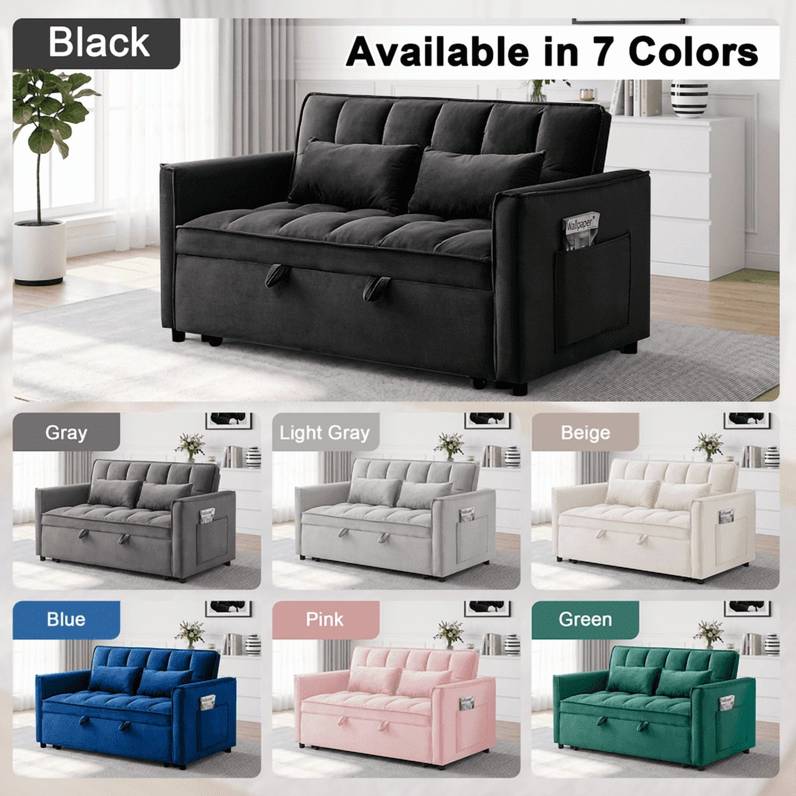 Gewnee 53 inch Convertible Sleeper Sofa Bed,Pull Out Loveseat Couch with Storage Pocket for Living Room,Apartment,Black02