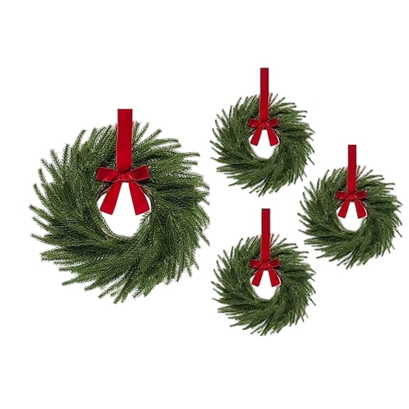 Gomind 4 Pack Christmas Wreath 13in Norfolk Pine with Red Bows, Artificial Green Needle Decor for Cabinet Door Window Wall Holiday Indoor Outdoor