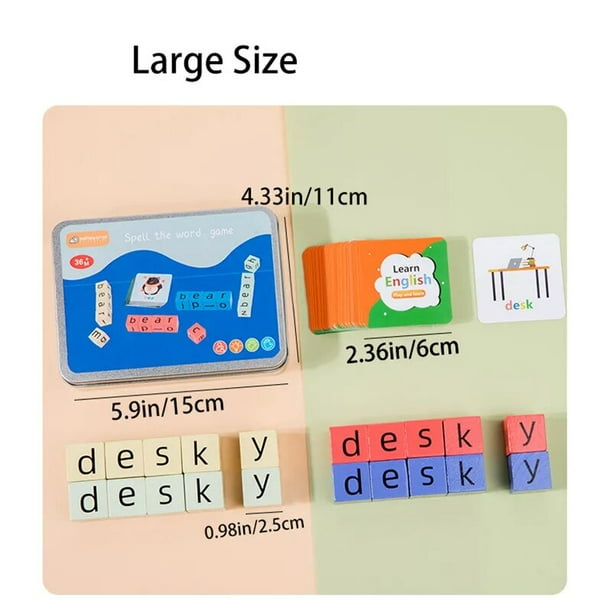 Bloques de construcción de lectura de madera para niños, juguete de aprendizaje del alfabeto Montessori, juego de palabras, con 54 tarjetas