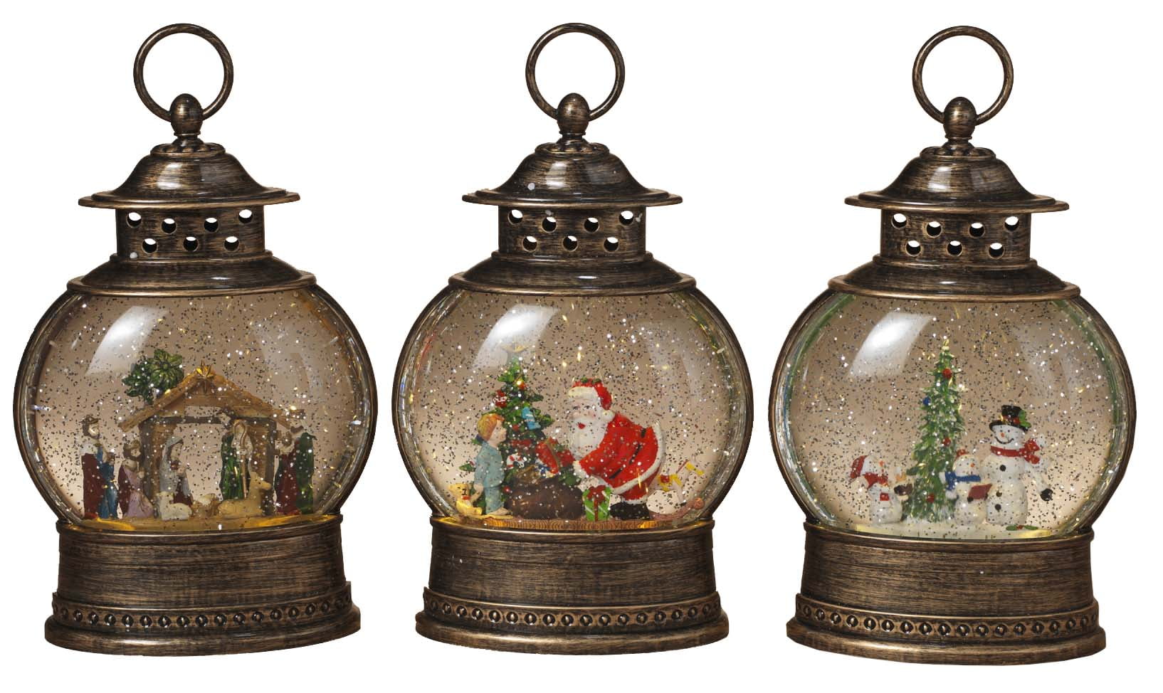 Holiday Winter Spinning Water Snow Globe Lanterns, (Set of 3), Bronze
