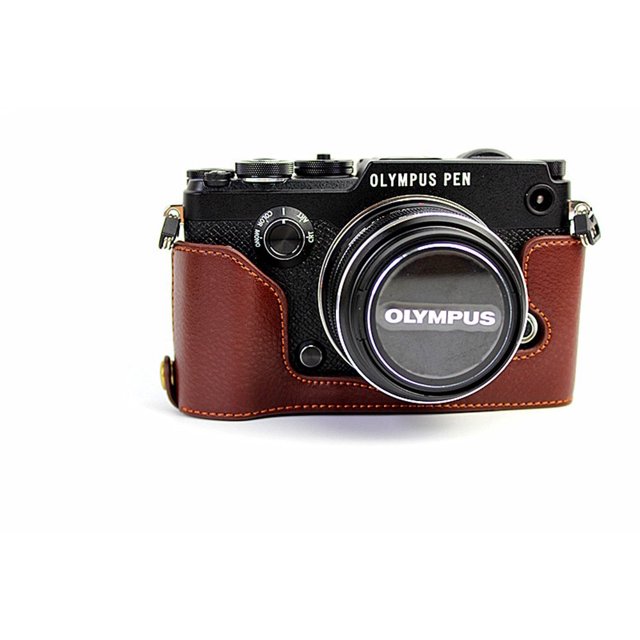 PEN-F Case, BolinUS Handmade Genuine Real Leather Half Camera Case Bag Cover for Olympus PEN-F Bottom Opening Version + Hand Strap - Coffee