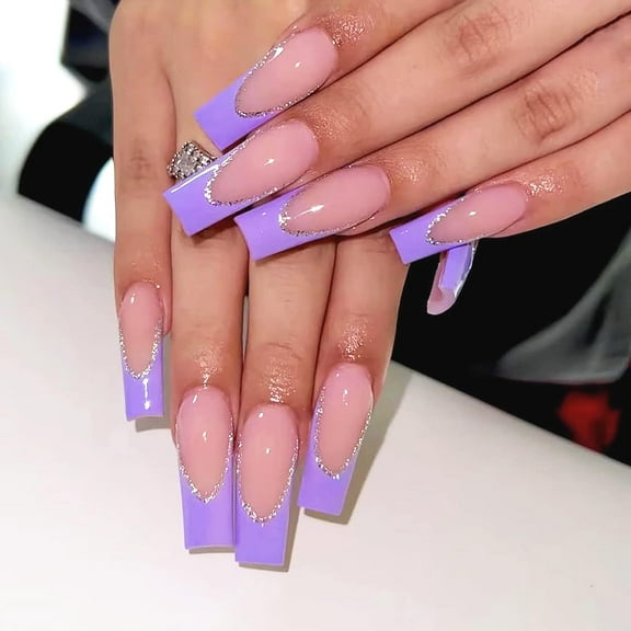 Press on Nails Long, Square Fake Nails with French Design Full Cover False Nails Silver Glitter Acrylic Nails Purple Nail Tip Artificial Nails Glossy Glue on Nails Stick on Nails for Women 24Pcs A5 2
