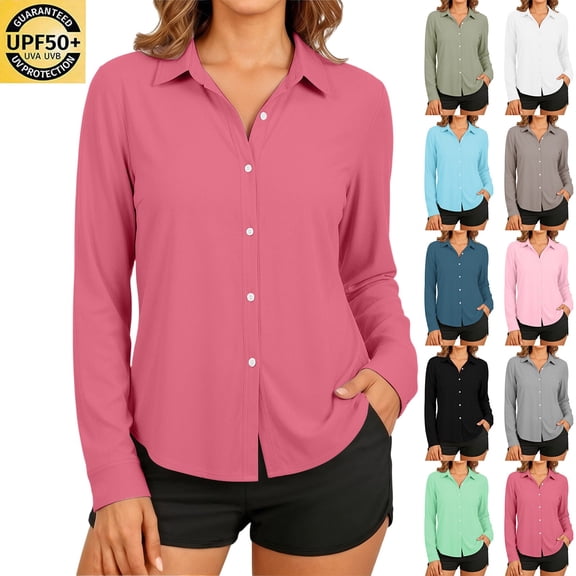 YSUEJPF Womens Long Sleeve Rash Guard Button Down Sun Shirt UPF 50 UV Protection Outdoor Work Dressy Blouses
