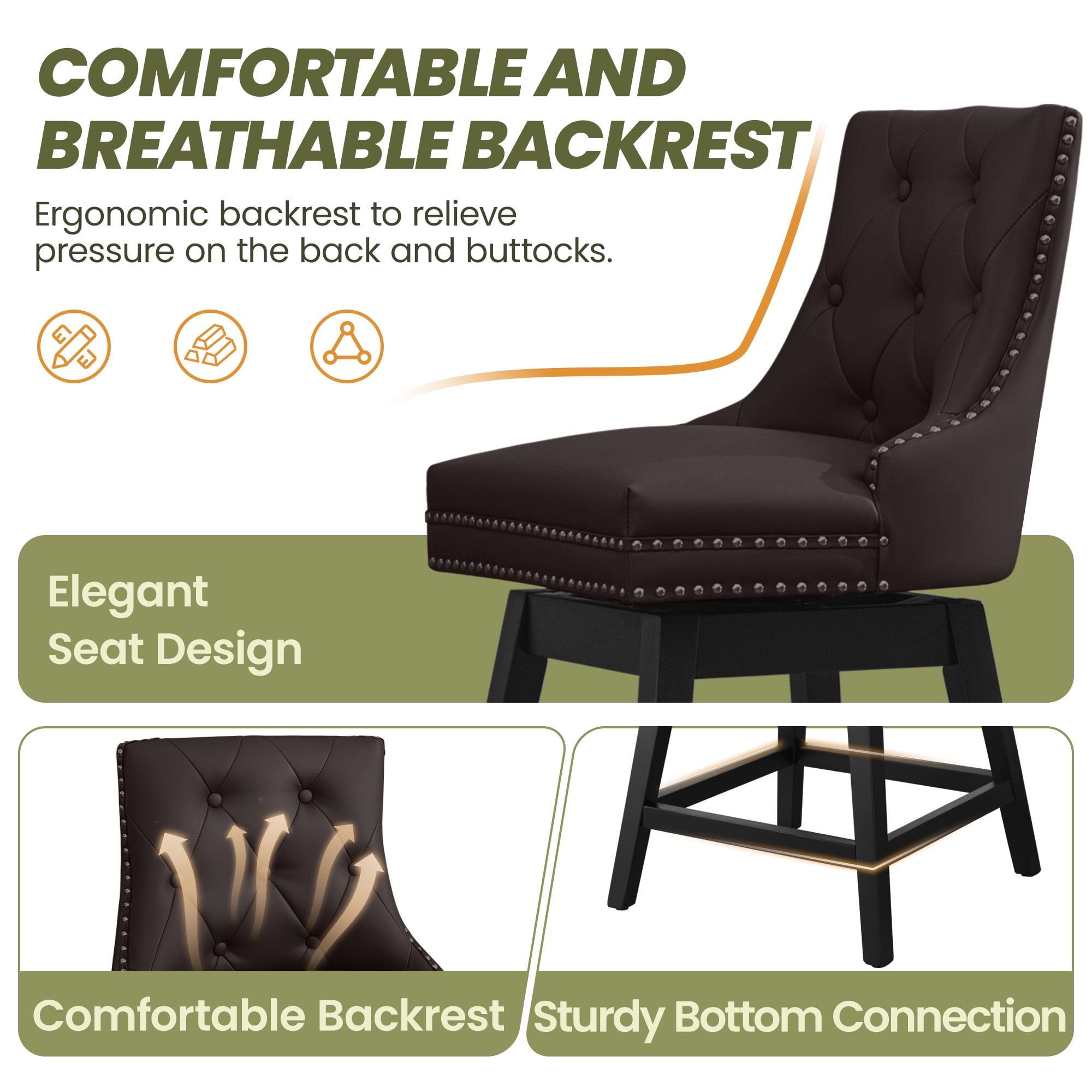 COOLHUT 26" Swivel Counter Height Bar Stools Set of 2 with Backs, Upholstered Bar Stools, Faux Leather Bar Chairs with Footrest for Kitchen Island, Red Brown