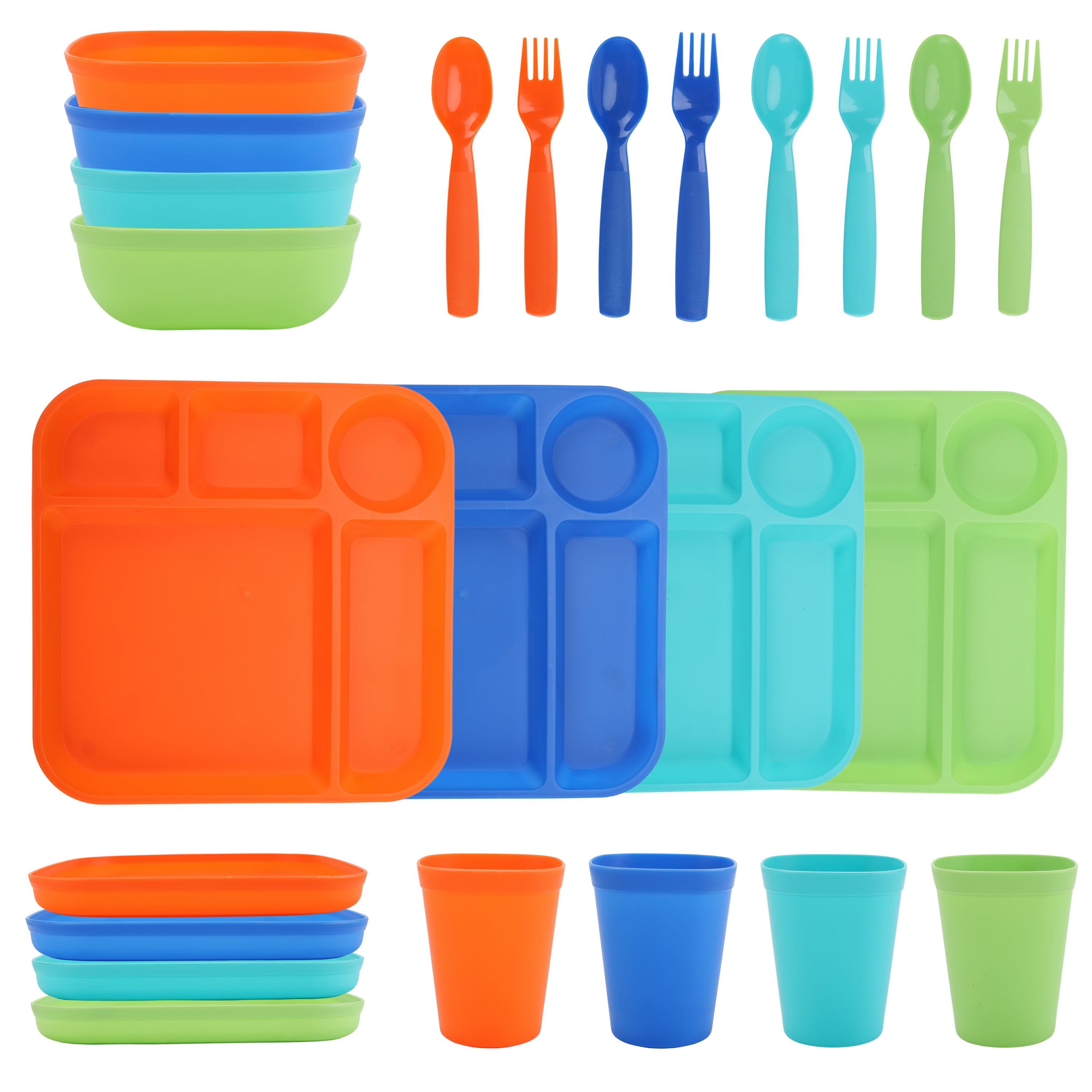 Your Zone 24 Piece Plastic Dinnerware Set for Kids with 4 Each Trays Bowls Plates Cups Forks Spoons in Orange Blue Aqua Green