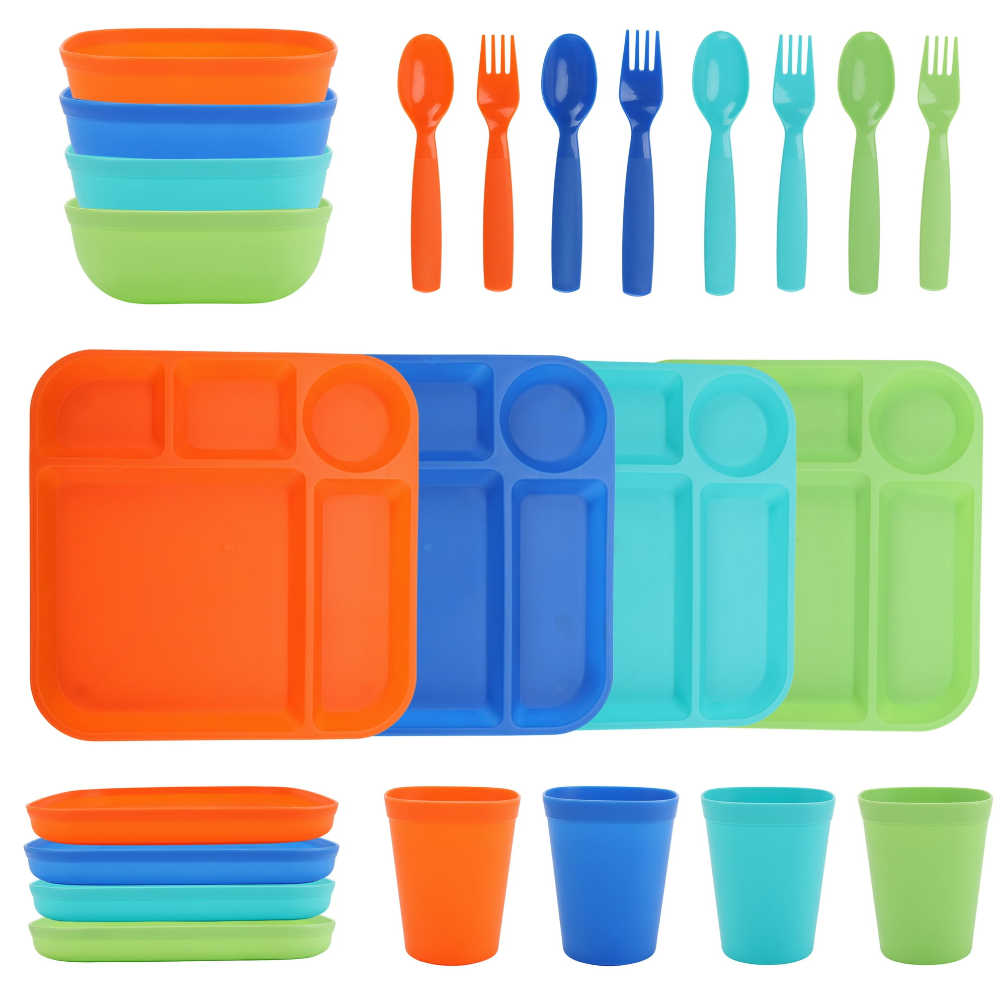 Your Zone Kids Dinnerware Set, 24-Piece Plastic Tableware Set with Divided Trays, Plates, Bowls, Cups & Utensils, Multicolor