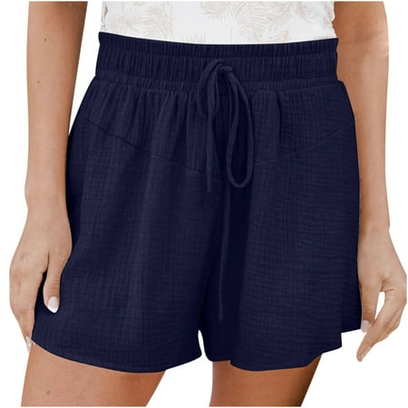 

Zkozptok Shorts for Women Solid Color Casual Wide Leg Fashion Loose High Waist Lace-Up Shorts Pants Navy XXXXXL