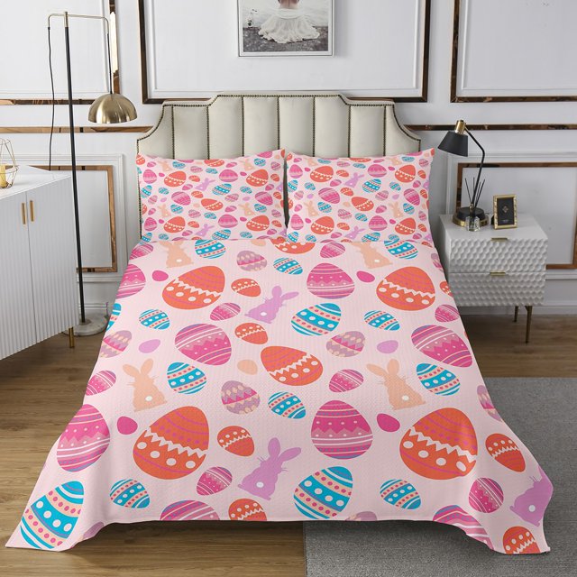 Erosebridal Girly Pink Happy Easter Coverlet Set Twin, Colorful Rabbit Eggs Bedding Set 2pcs