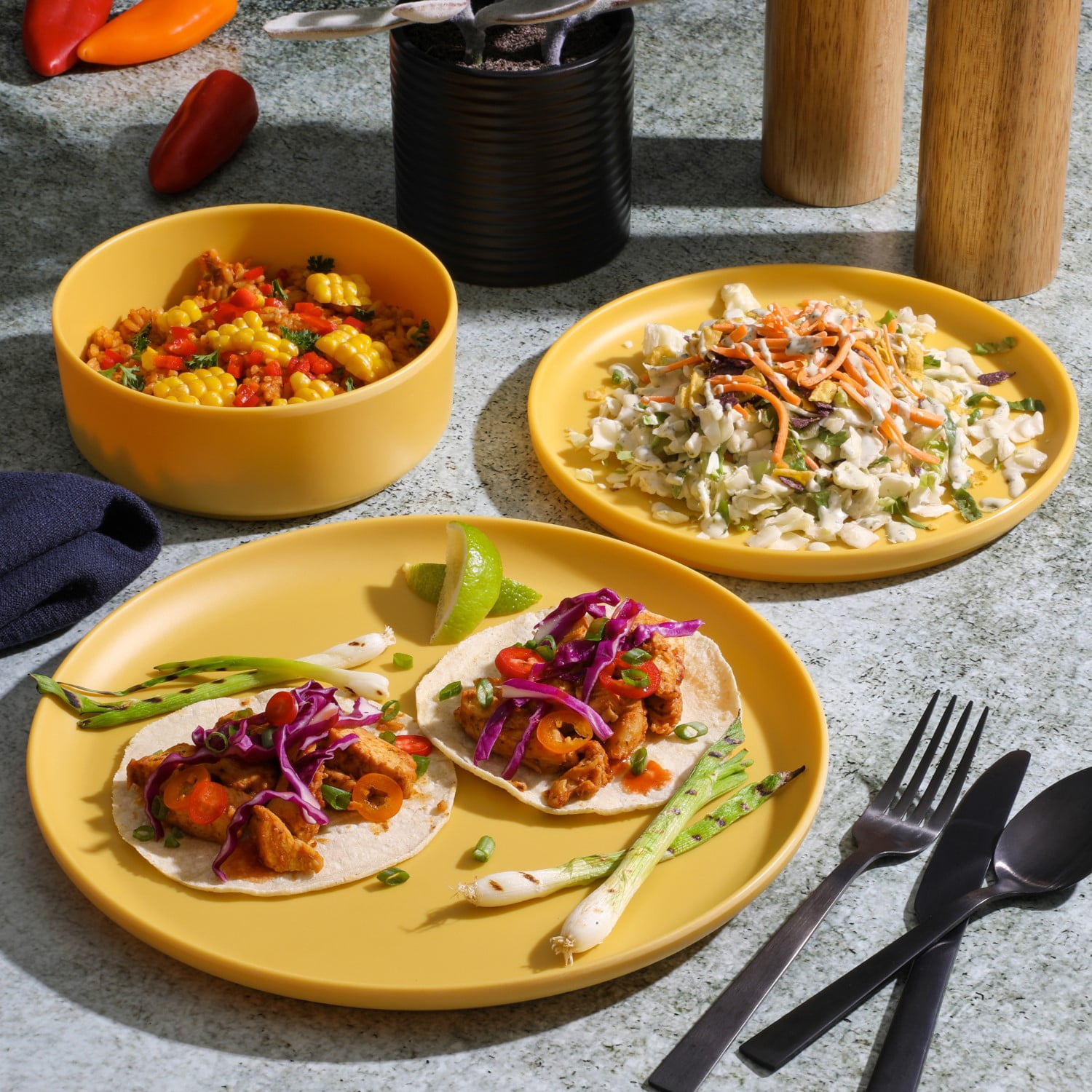 Gibson Home Crest 12 Piece Stackable Matte Melamine Dinnerware Set - Yellow Gold