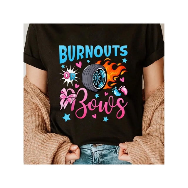 Burnouts Or Bows Gender Reveal Party Ideas Baby Announcement T-Shirt Cotton ShirtFather's Day, MotheCamisetas para mujer, lindas camisetas con estampado gráfico, de manga corta, estilo casual, para ve