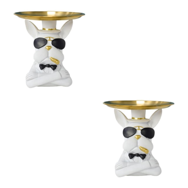 Wosthever Cool Bulldog Estatua Escritorio Misceláneas Contenedor Perro Animal Bandeja Decoración del hogar Blanco Blanco 2Conjunto