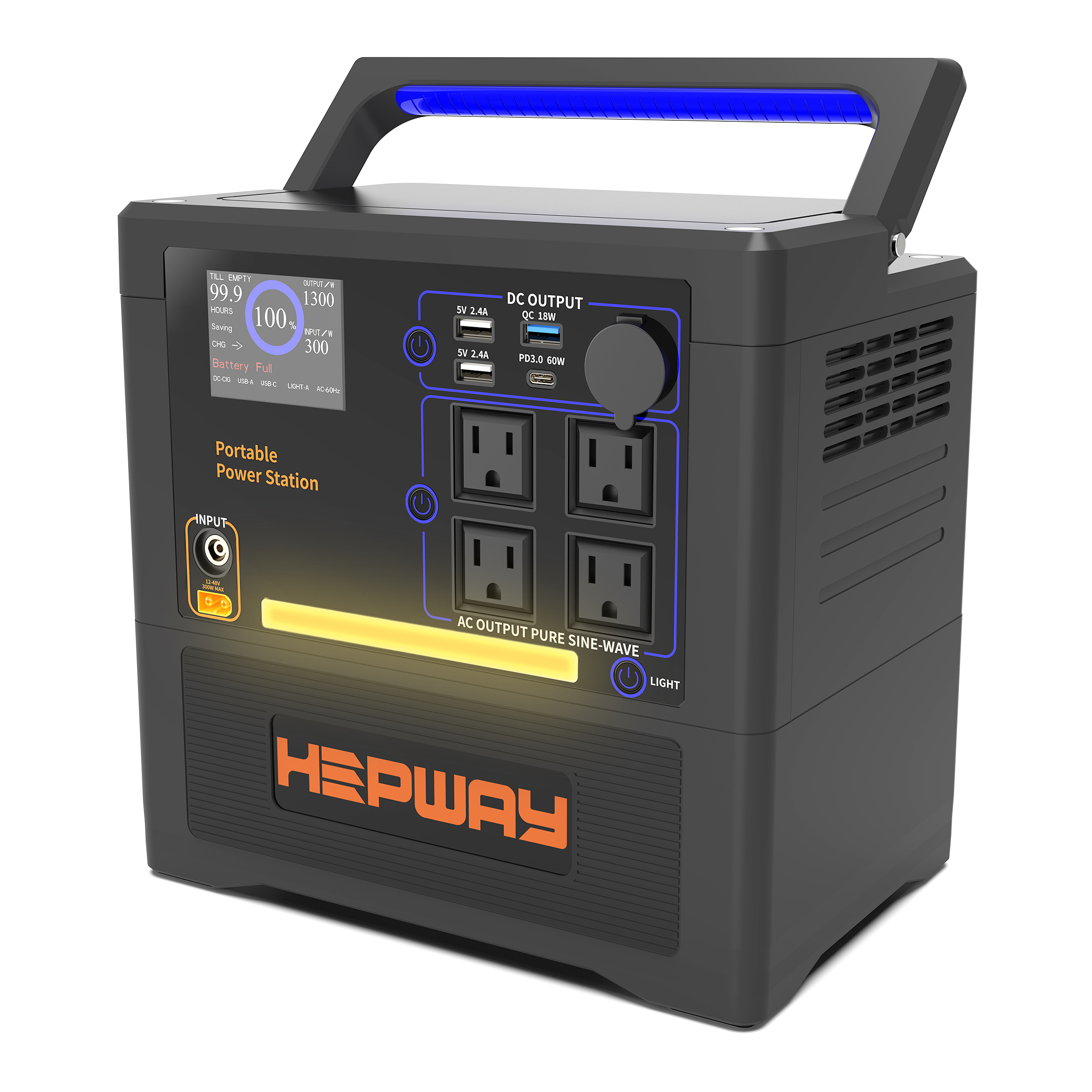 HEPWAY Portable Power Station 2400W Peak, 1154Wh Lithium Battery, QC3.0 USB-C 4X120V AC Output 1300W, Support Refrigerator Mode With 4*Cooling Fans Solar Generator For Camping RV Home(No Solar Panel)