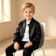 thumbnail image 6 of Generic Boys Faux Leather Motorcycle Jacket Zip Up Varsit𝐲 Baseball Coat Kids Fall Long Sleeve PU Leather Moto Biker Bomber Jacket, 6 of 7