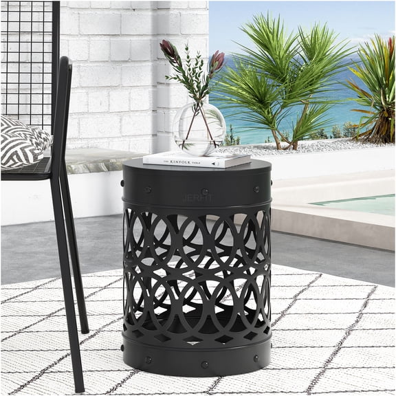 JERFIT Outdoor Patio Side Table - 20 Inch Large Round Accent Table with Metal Frame, No Assembly Required, Black