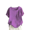 thumbnail image 2 of Cuoff Blouses for Women Fashion Casual Temperament Round Neck Vintage Cotton and Hemp Solid Button Short Sleeve T-Shirt Womens Tops Light Purple L, 2 of 5