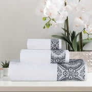 Blue Nile Mills Medallion Turkish Cotton 3 Piece Towel Set, White/ Grey
