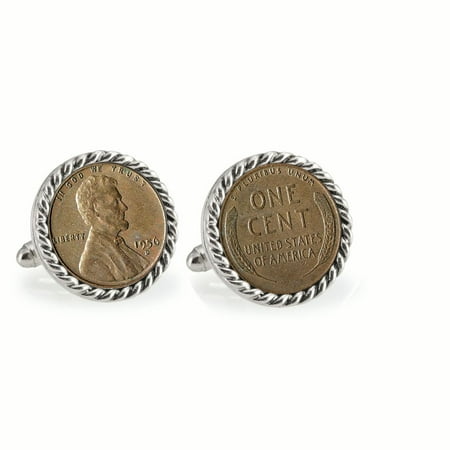 Lincoln Wheat-Ear Penny Cuff Silvertone Rope Bezel Coin Cuff Links