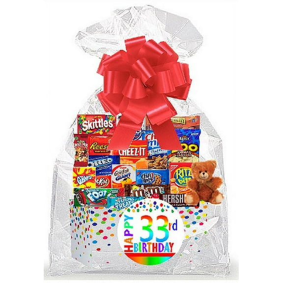 CakeSupplyShop Item#033BSG Happy 33rd Birthday Rainbow Thinking Of You Cookies, Candy & More Care Package Snack Gift Box Bundle Set - Ships FAST!