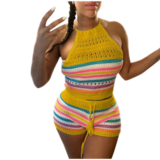 Ensemble Aguichant pour Femmes, Mode, Sans Manches, Bretelles, Tricoté, Coloré, Sac à Dos-Fesses
