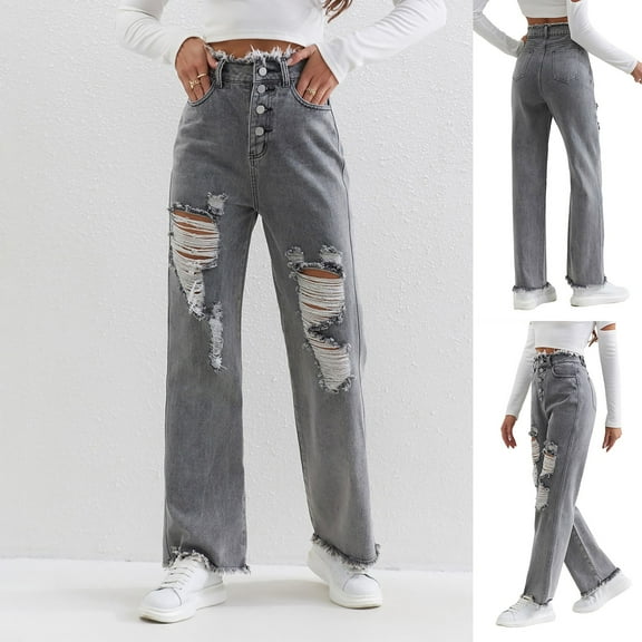 Womens Jeans Trendy Ripped Straight Leg Bootcut Casual Comfortable Lightweight Jeans Gray L