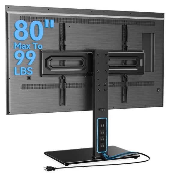 MountFTV Universal Swivel TV Stand with Power Outlet for 32-80 inch TVs up to 99 lbs, Table Top TV Stand Mount with 6 Height Adjustable, Tempered Glass Base,Max 600x400mm