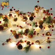 Artificial Christmas Garland with Lights - Battery Operated Prelit Garland with LED lights, Red Berries, Pine Cones, Pine Needles Decor for Xmas Tree Thanksgiving Home Fireplace Party