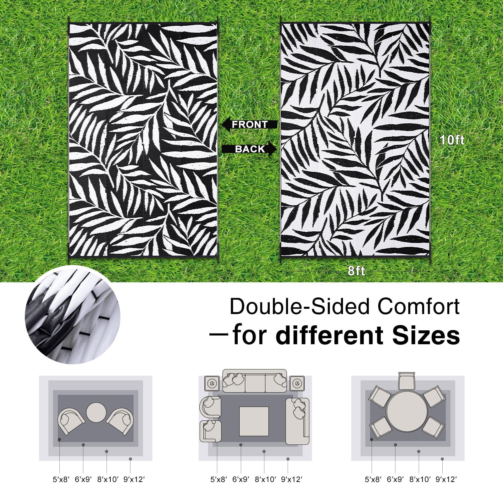 Smiry Outdoor Rugs 8x10, Waterproof Plastic Straw Indoor Outdoor Mat for Patio, RV Camping, Deck,Porch, Black & White