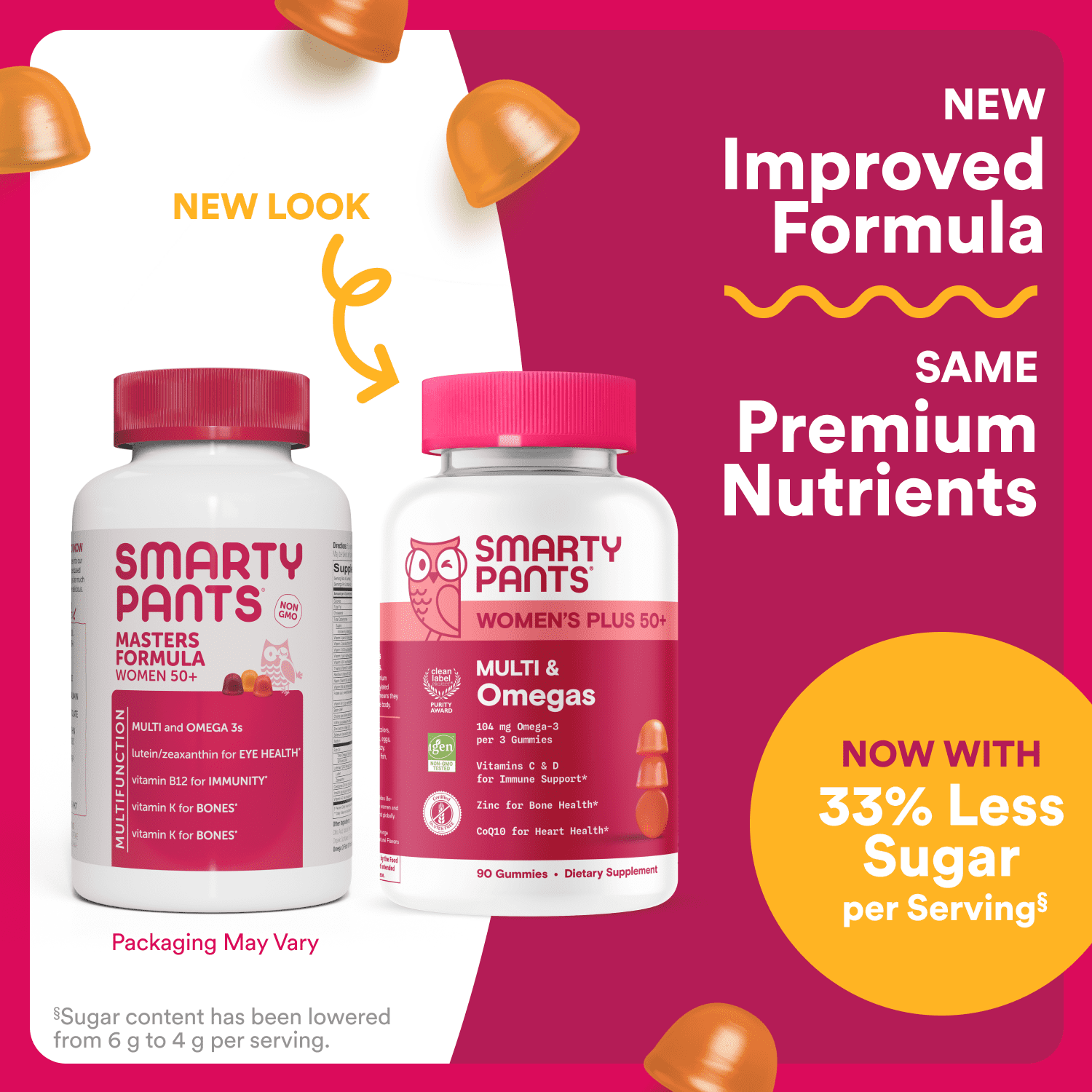 SmartyPants Women's Plus 50+ Multi & Omega-3 Gummies, Improved Formula, 33% Less Sugar, 90 Ct