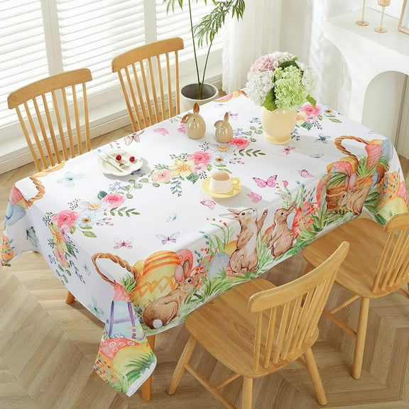 Easter Table Cloths Rectangle 60 x 84 Inch Cute Bunny Eggs Flower Butterfly Watercolor Rabbits Tablecloth, Washable Table Cover for Spring, Parties, Banquet, Picnic, Dining Decoration, Colorful