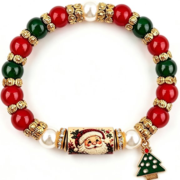 Christmas Magic Collection Bracelet, Stretch Beaded Bracelet with Santa Tree Reindeer Stocking Charms, Jewelry Gift
