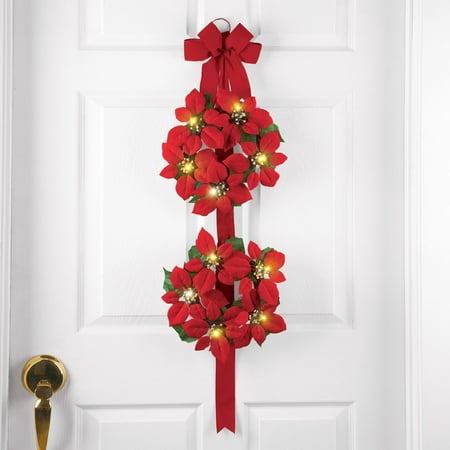 Lighted Christmas Wreaths Lowes LIGHTED DOUBLE CHRISTMAS POINSETTIA DOOR WREATH WITH BOW BATTERY OPERATED ()
