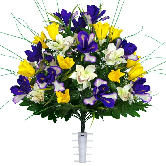 Sympathy Silks Artificial Cemetery Flowers Yellow Tulips/Purple Iris Bouquet for Vase