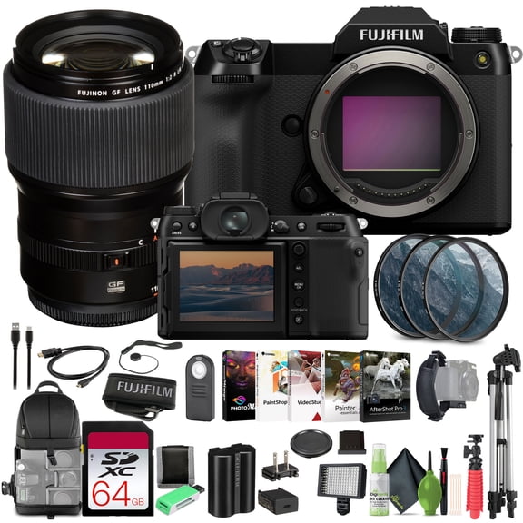 Fujifilm GFX 100S II Mirrorless Medium Format Camera Body Bundle With Fuji film GF 110mm f/2 R LM WR Lens   64GB Memory Card  Flexible Vlogging Tripod   More Accessories