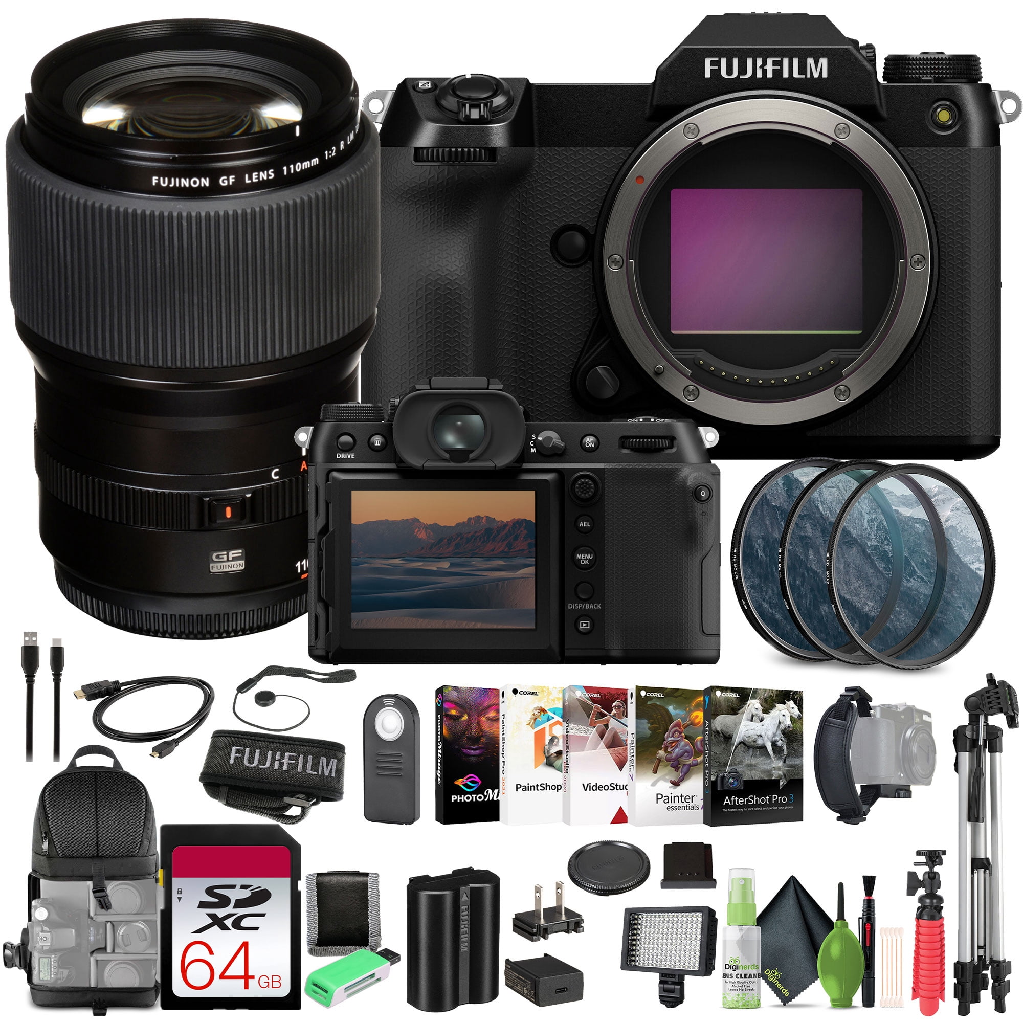 Fujifilm GFX 100S II Mirrorless Medium Format Camera Body Bundle With Fuji film GF 110mm f/2 R LM WR Lens + 64GB Memory Card+ Flexible Vlogging Tripod + More Accessories