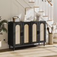 thumbnail image 4 of 4-Door Rattan Sideboard Buffet Cabinet with Power Outlet, Boho Console Table with Adjustable Shelves for Dining Room, Kitchen, Hallway, 4 of 7