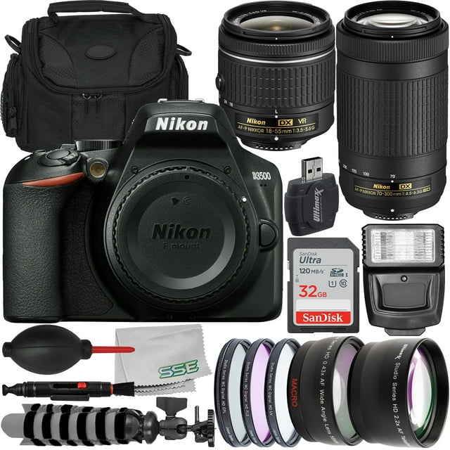 Nikon D3500 DSLR Camera with 1855mm and 70300mm Lenses + Essential Accessory Bundle SanDisk