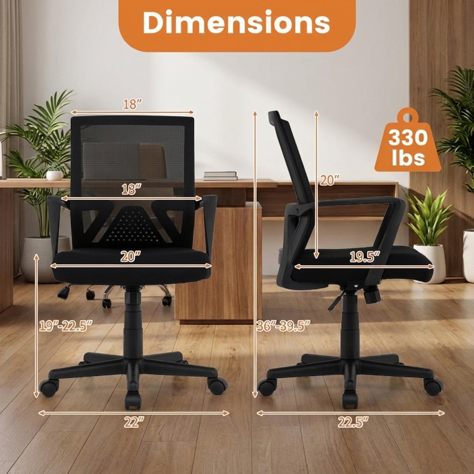 Furnibear Ergonomic Mesh Office Chair Mid Back Desk Chair with Lumbar Support, Rocking Function, Adjustable Computer Chair for Home Office, Black